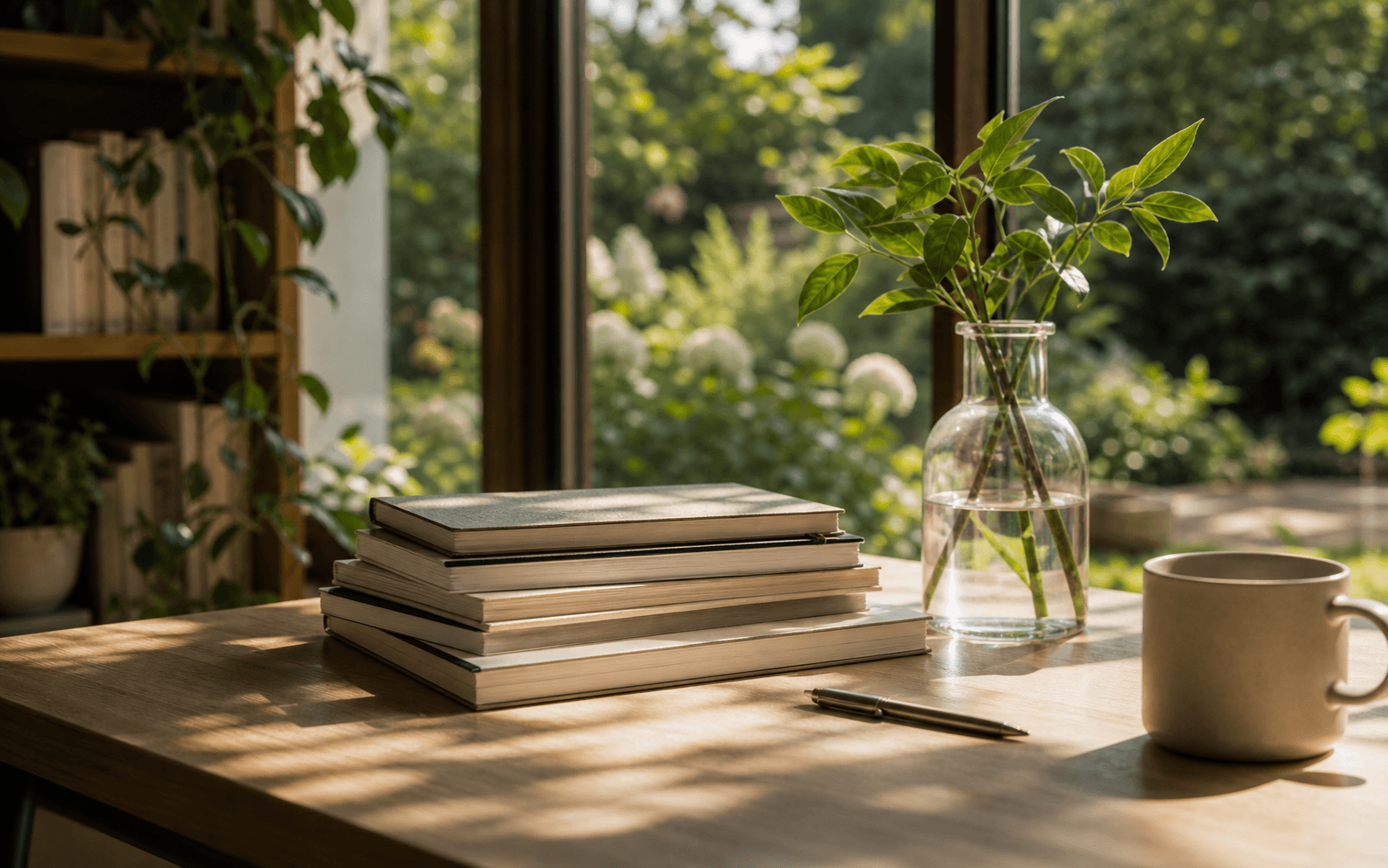 A notebook stack beside a bright garden window.