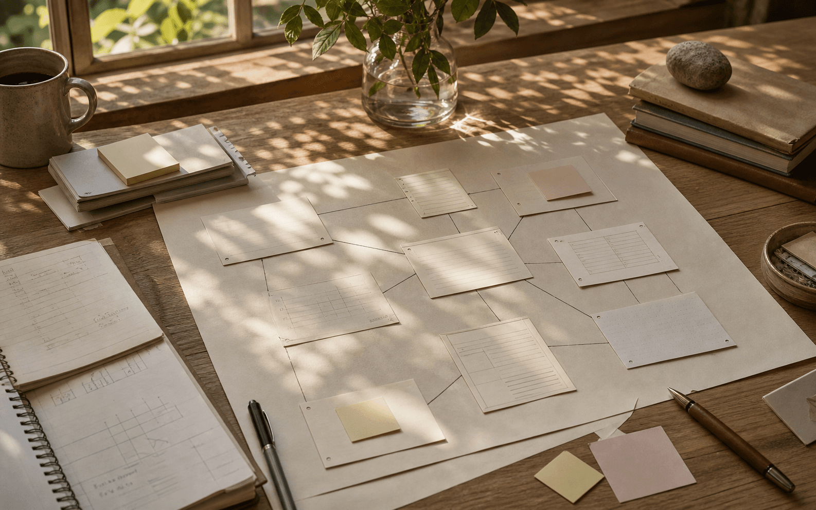 Index cards arranged as a work graph on a sunlit desk.